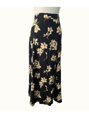 Vintage 90s Sag Harbor Black Floral Rayon Button Front Midi Skirt M Elastic Wais